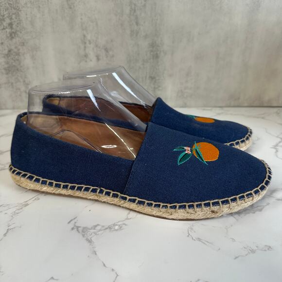 J Crew Shoes Dark Blue Womens 8.5 Embroidered Tropical Fruits Slip On Espadrille - Picture 1 of 9